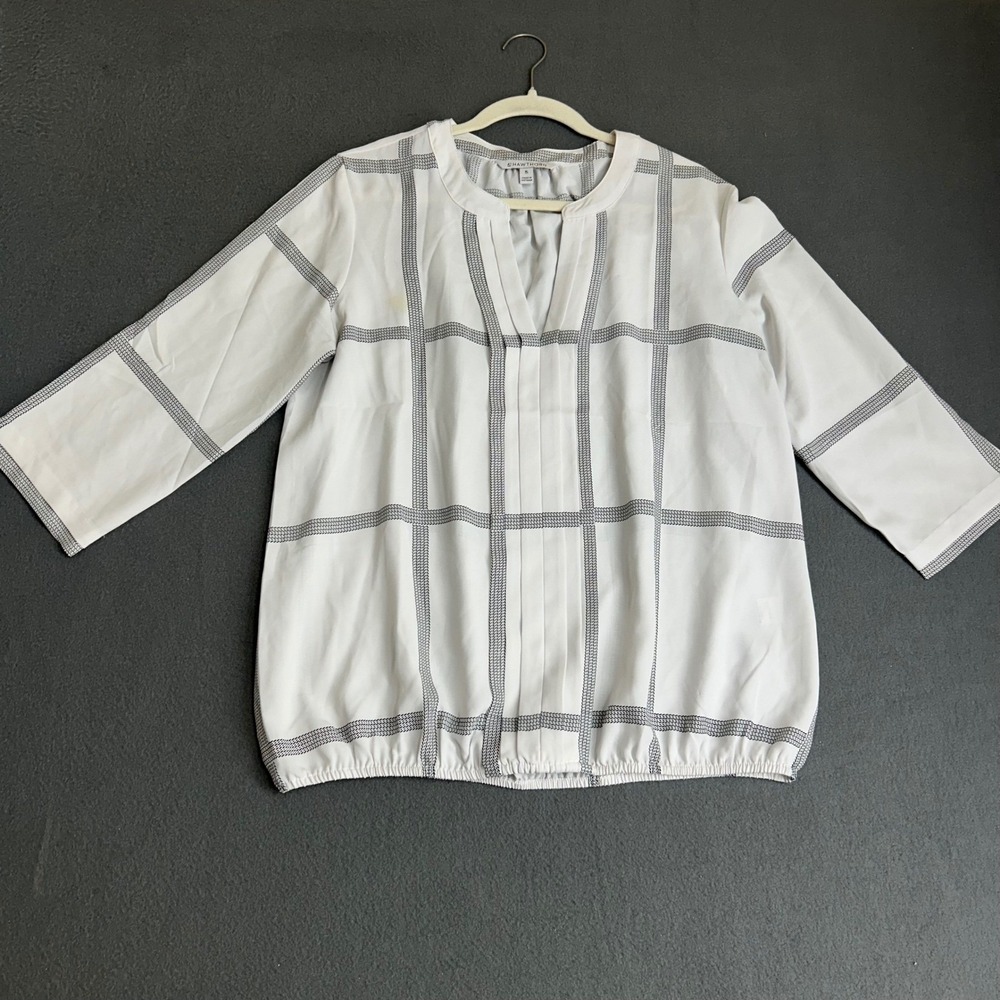 41 Hawthorn Blouse Womens XL White Grid Print Pleated V-Neck Bubble Hem Top